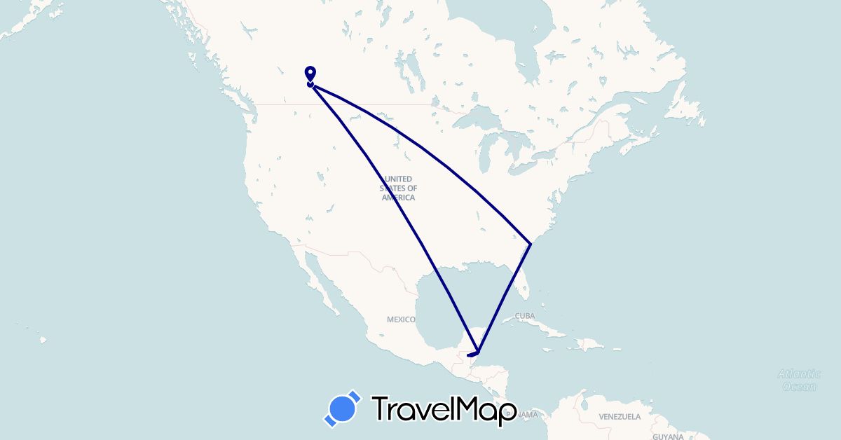 TravelMap itinerary: driving in Belize, Canada, Guatemala, United States (North America)