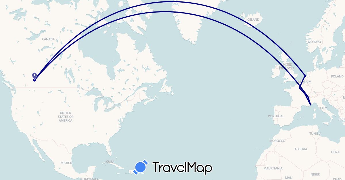 TravelMap itinerary: driving in Canada, Switzerland, France, Netherlands (Europe, North America)